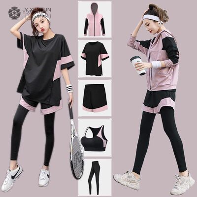 健身运动套装女宽松大码胖mm200斤瑜伽服五件套跑步速干羽毛球服