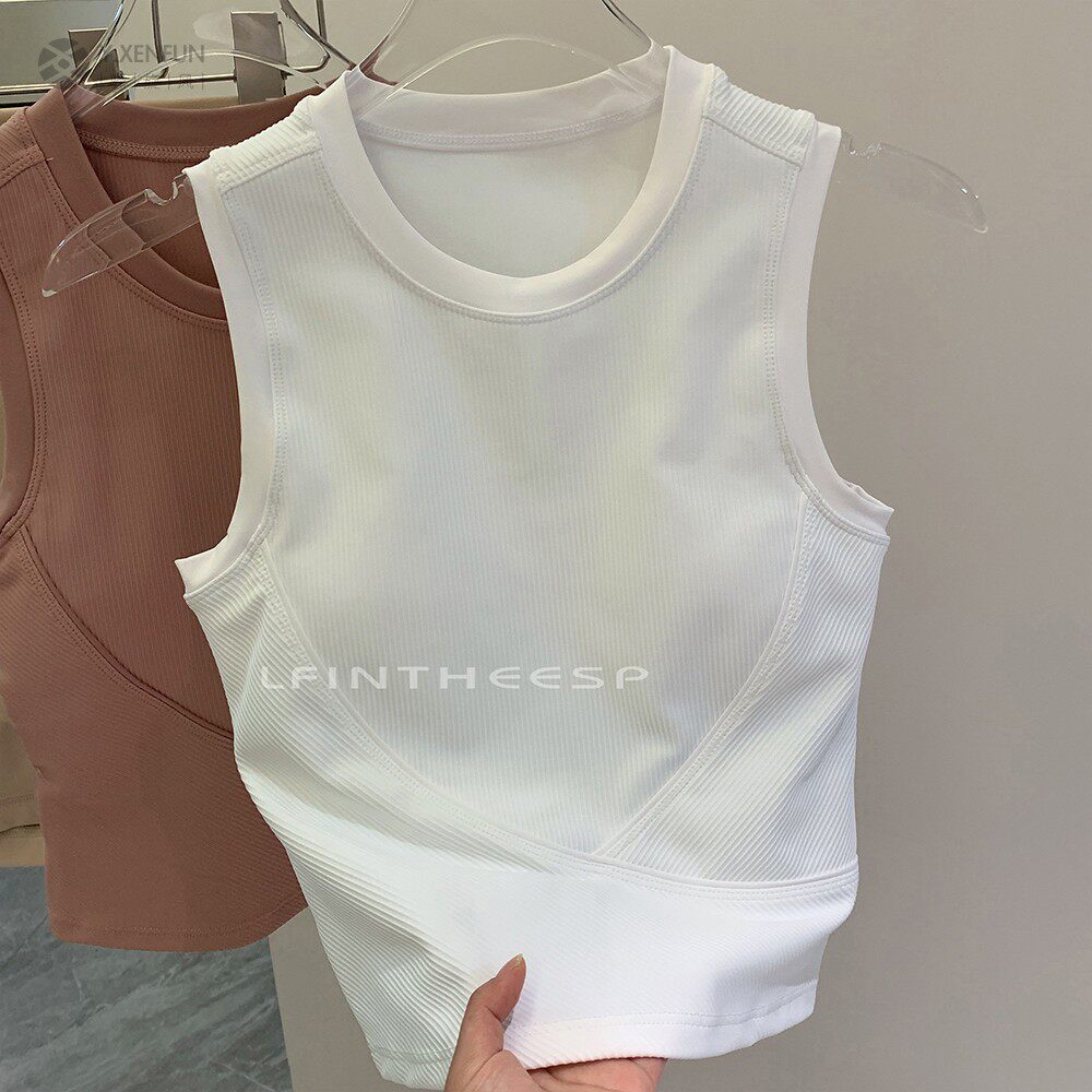 不显壮~罗纹遮副乳固定罩杯运动背心带胸垫瑜伽服无袖美背健身衣