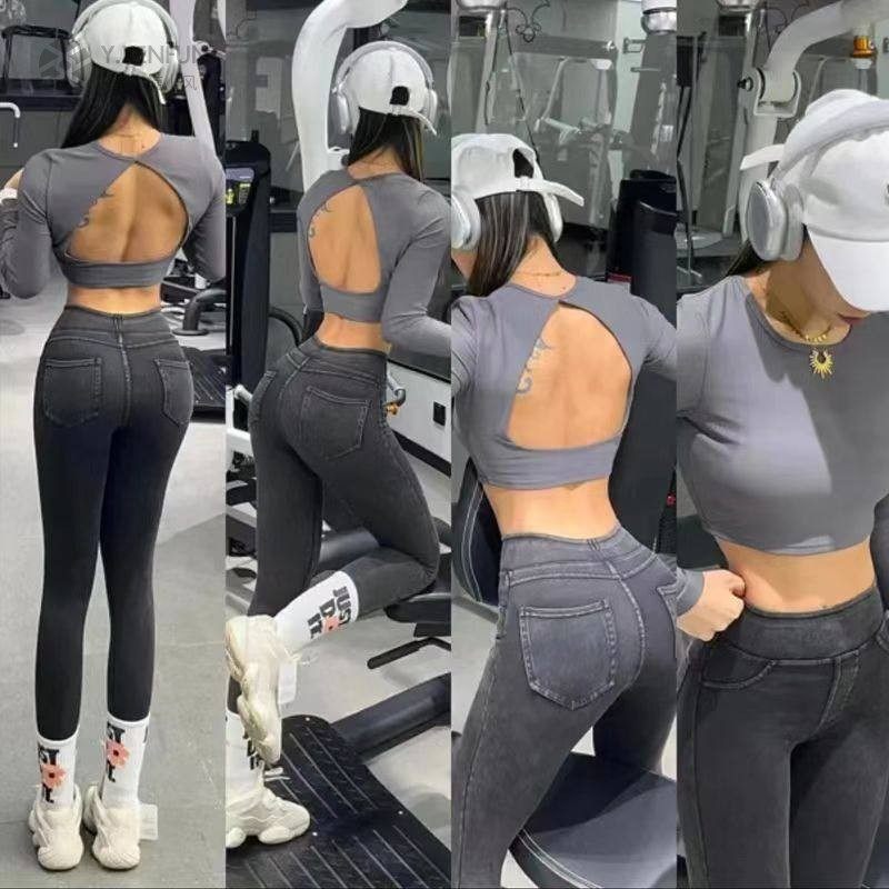 仿牛仔瑜伽裤芭比裤女跑步高腰提臀显瘦外穿运动紧身健身裤蜜桃裤,运动服/休闲服装,健身裤,淘宝优惠券,粉丝福利购,淘宝优惠卷