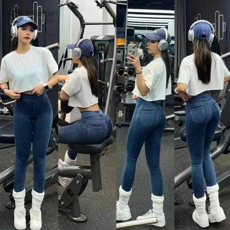 欧美性感瑜伽牛仔速干裤女高腰练提臀显瘦外穿运动紧身训练健身裤