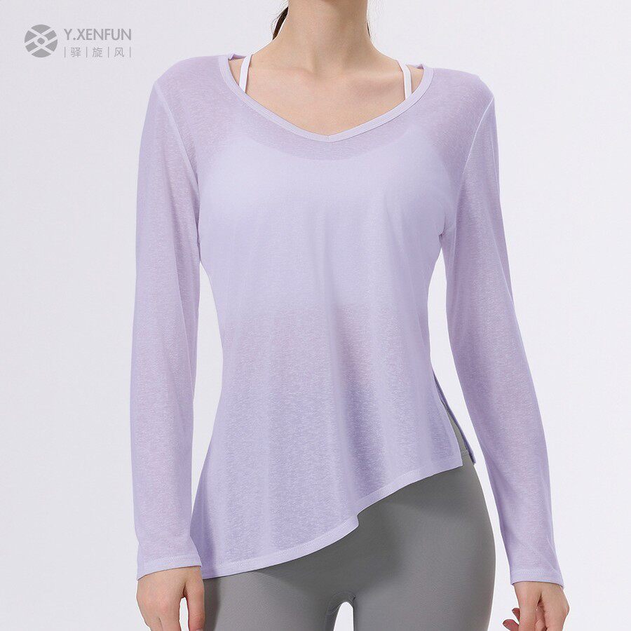 半透天丝雪花棉鸡心领休闲运动上衣罩衫女专业健身长袖瑜伽服春秋