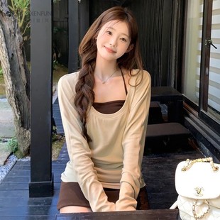 性感辣妹健身两件套长袖女带胸垫防震运动上衣宽松瑜伽服罩衫秋季