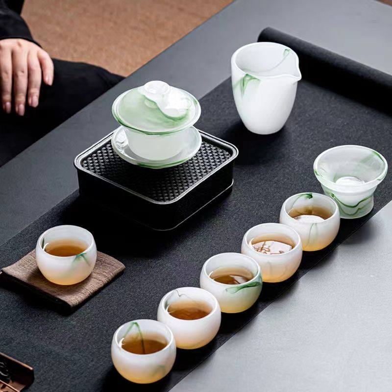 琉璃高档茶具功夫茶杯玉瓷办公室会客送礼办公白玉套装盖碗家用