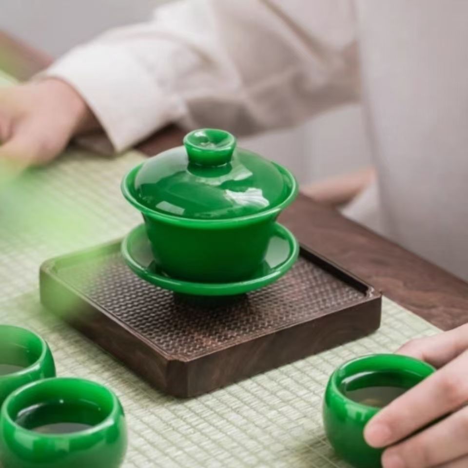 帝王绿玉琉璃玉瓷茶盖碗功夫茶具