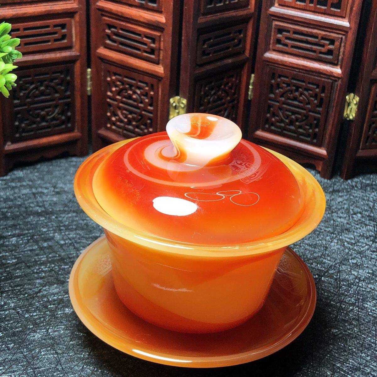加厚耐热高档红玛瑙玉石精美盖碗