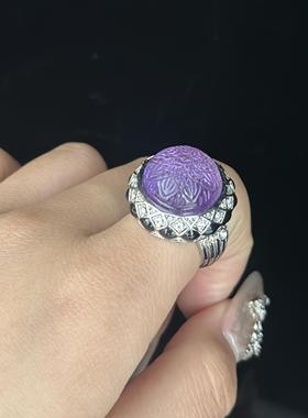 复古蓝紫复刻莱茵石优雅雕刻珠戒指魔法vintage镶嵌