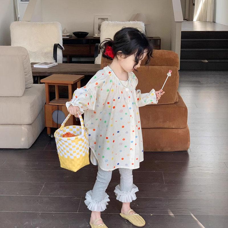 长袖衬衫女童设计感小众2025新款春季中长款宽松波点衬衣上衣裤子