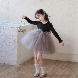 女童蝴蝶结系带黑色长袖网纱连衣裙2026春季新款女孩蓬蓬裙公主裙