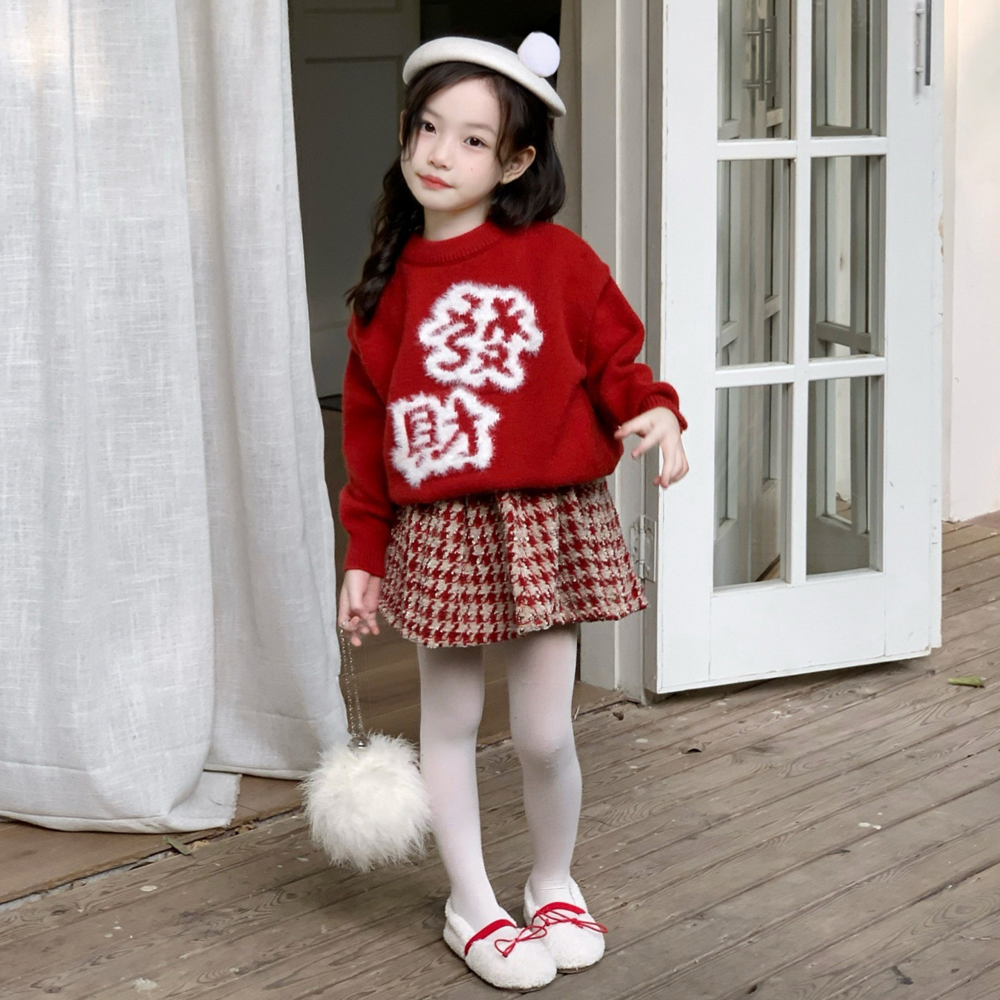 女童毛衣秋冬款红色针织衫新年服