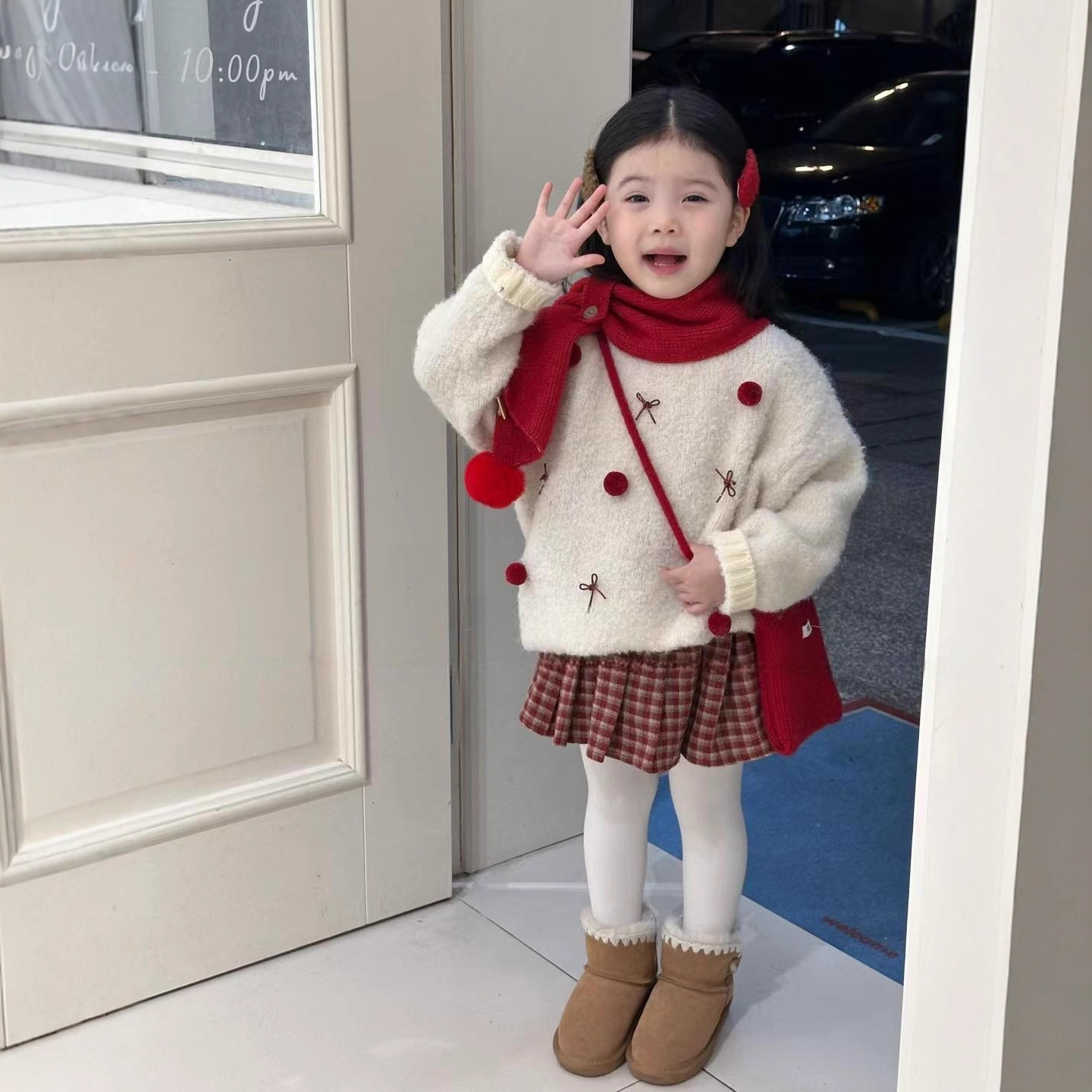 女童秋冬新款圣诞新年绝美手工球球针织衫圆领洋气红色毛衣半身裙