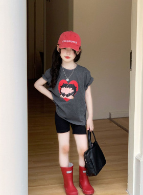 女童短袖t恤2026夏季新款时尚精致美拉德穿搭灰色卡通猫上衣短裤