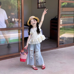女童洋气设计感网纱短袖t恤夏装新款儿童气质上衣T恤破洞牛仔裤潮