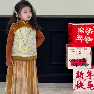 玉兔缠枝 旗袍背心醋酸丝绒裙上衣半身裙拜年服潮 女童獭兔毛中式