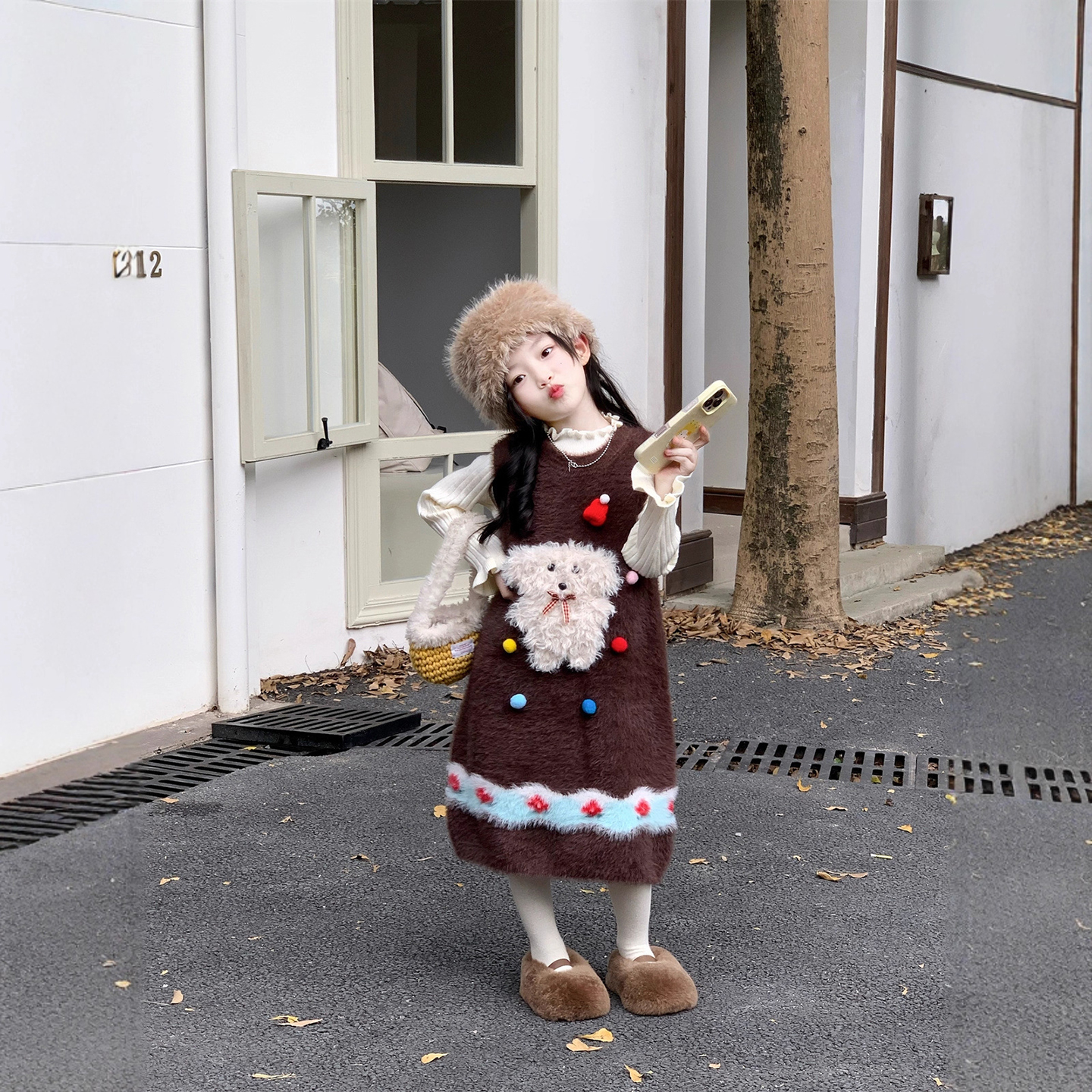 女童仿水貂毛连衣裙秋冬季背心裙