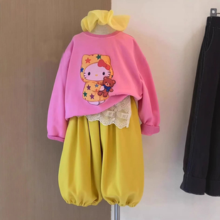 女童KT猫印花卫衣2026春季新款儿童上衣中小童打底衫灯笼裤两件套