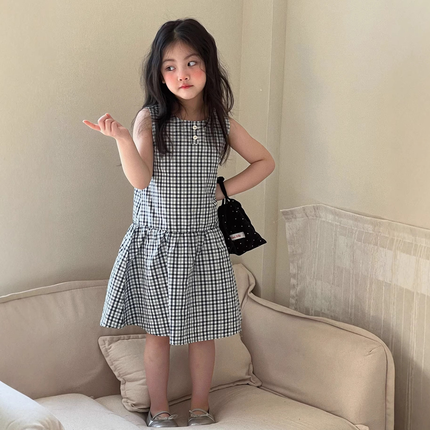 女童连衣裙2026夏季新款儿童韩版宽松圆领格子背心裙女宝宝公主裙