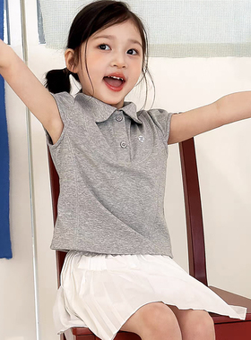 女童纯棉t恤短袖夏季2026新款儿童学院风POLO衫宝宝灰色无袖上衣