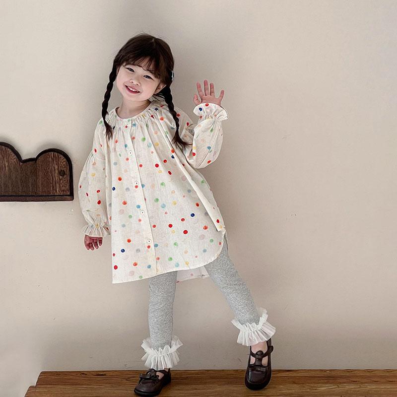 休闲宽松长袖女童韩彩色圆领衬衫