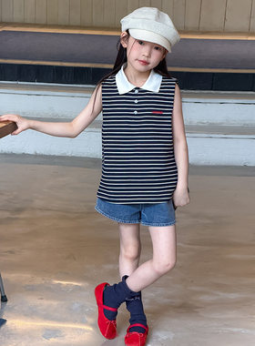 2026夏季女童清爽学院风撞色POLO翻领字母条纹背心上衣牛仔短裤子