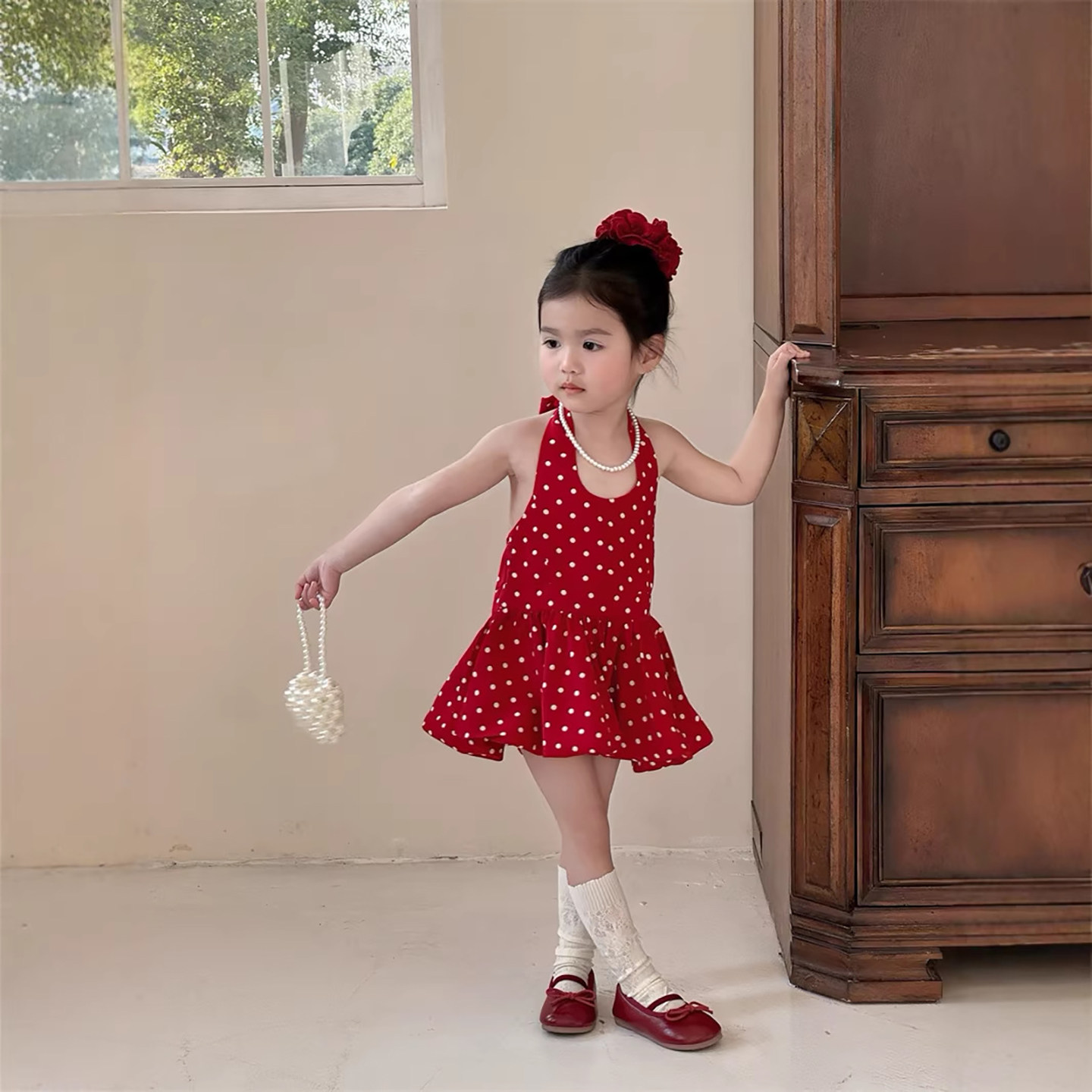 2026夏季度假女童连衣裙女宝宝波点挂脖裙时髦气质复古花苞裙子潮