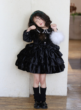 女童黑色闪闪丝绒蛋糕裙连衣裙2025冬季加绒公主裙蓬蓬裙新年礼服