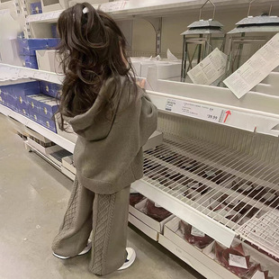 女童套装秋季休闲毛衣套装儿童百搭连帽针织外套裤子两件套韩版