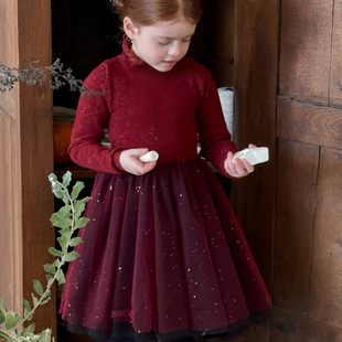 女童红色连衣裙高级感2025新款冬季网纱公主裙儿童冬天裙子毛衣裙