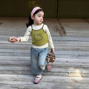 女童套装2026春季新款洋气儿童可爱卡通kt猫吊带长袖T恤宝宝裤子