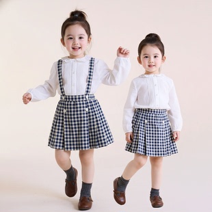 开衫 女童花边衬衫 学院风复古可拆卸格子百褶背带裙潮 法娃娃衫 春季
