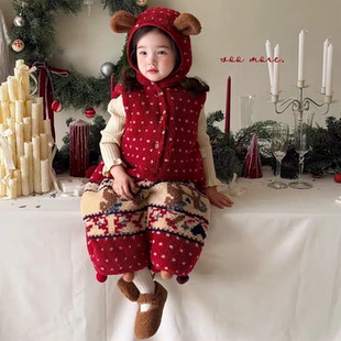 圣诞服饰女童羊羔毛背带裤冬儿童加厚连体裤宝宝保暖加绒红色裤子