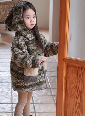 秋冬小众绿色提花羊羔绒外套女童精灵帽加绒大衣外套新款保暖童装