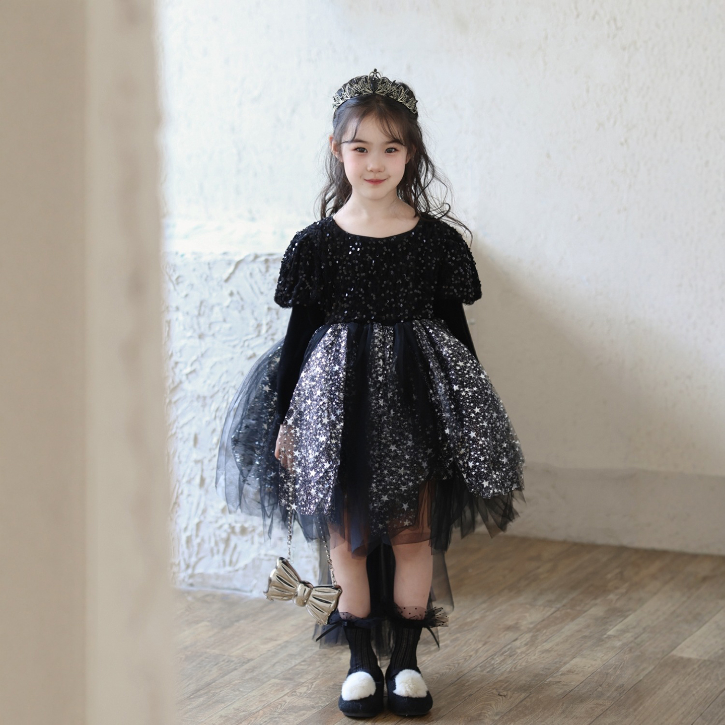 女童黑色丝绒亮片网纱连衣裙公主