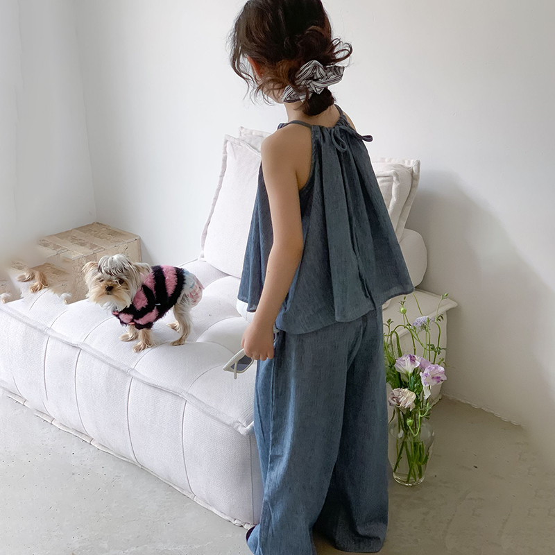 韩版休闲牛仔吊带背心阔腿裤套装