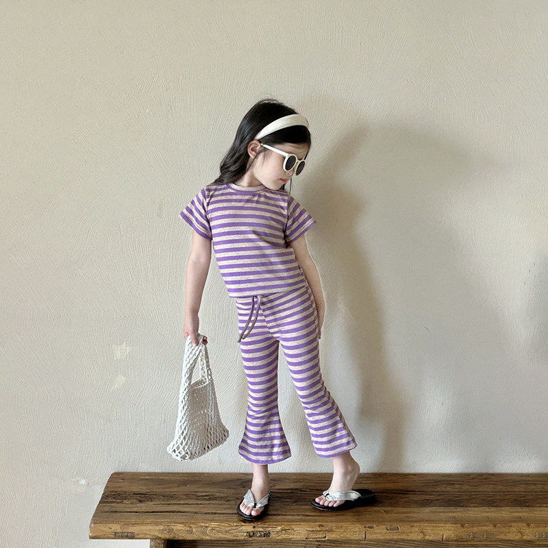 女童短袖套装夏季2026新款韩版洋气儿童条纹半袖上衣喇叭裤两件套