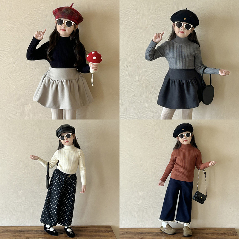 女童冬季新款百搭加厚半高领毛衣宝宝针织衫儿童半裙加绒直筒裤潮