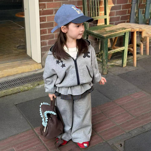 秋款童装女童宝宝儿童秋装新款连帽卫衣外套荷叶边屁帘休闲裤套装