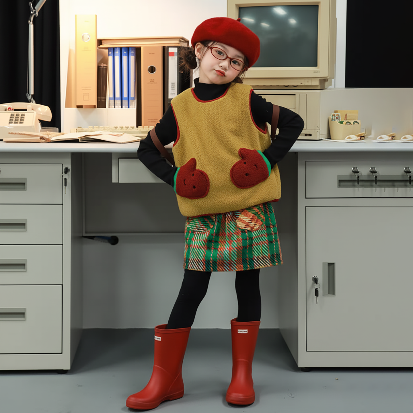 女童撞色口袋毛绒马甲彩色格纹酷