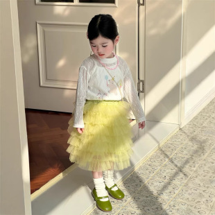女童2026春款套装裙儿童新款卡通小熊网纱短袖T恤上衣网纱蛋糕裙