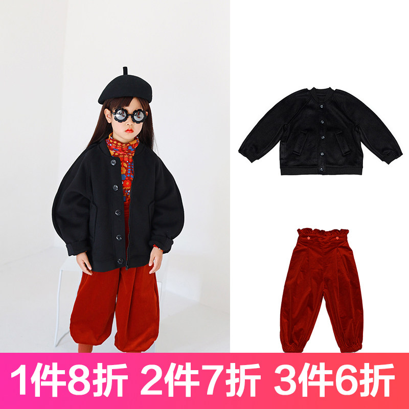 特价秋冬男女童保暖黑色呢料短款夹克外套+桔红色花苞裤子