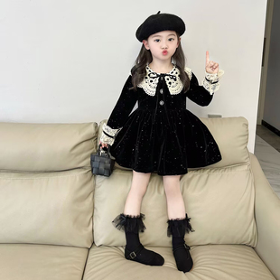 女童加绒闪闪丝绒连衣裙2025秋冬新款儿童宝宝韩版花边领气质裙子
