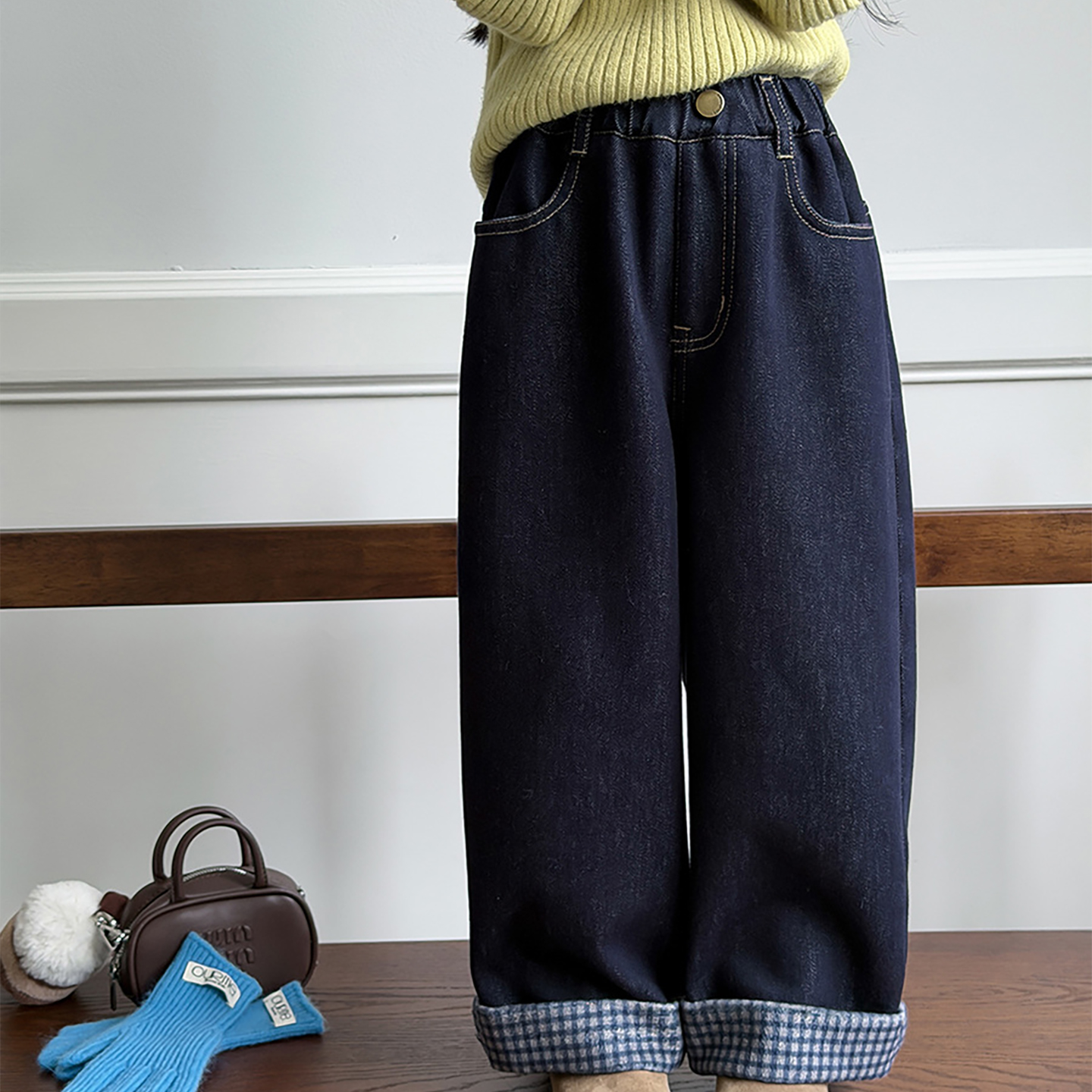 儿童加厚植绒牛仔裤韩版舒适翻边