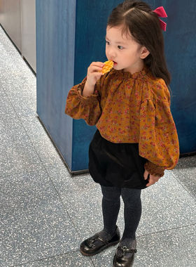 女童套装2026秋季新款儿童洋气复古碎花灯笼袖上衣女宝宝花苞短裤