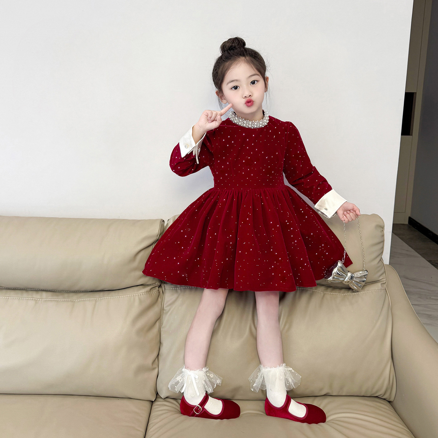 女童亮钻闪闪丝绒加绒连衣裙女孩