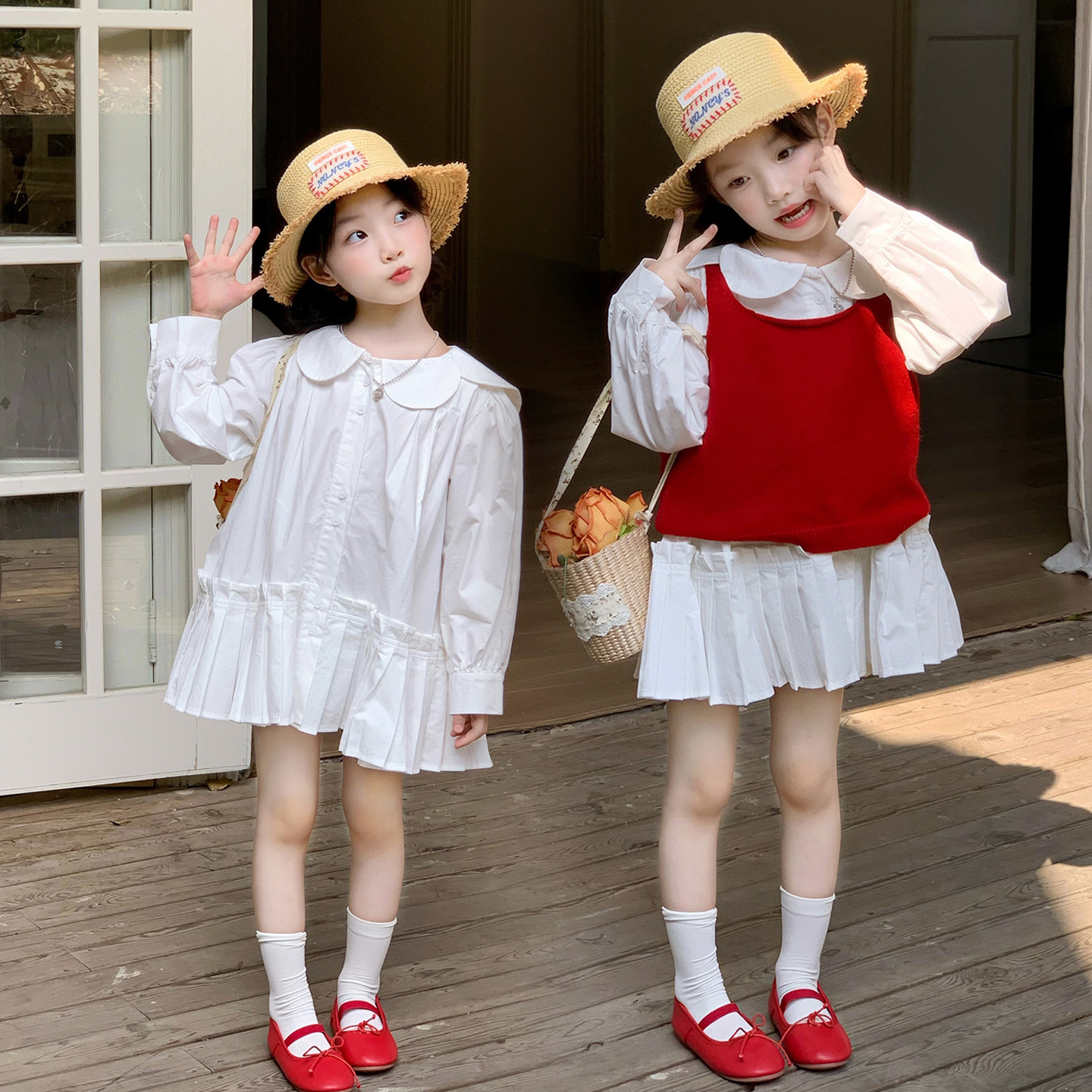 大翻领压褶娃娃领衬衫裙针织吊带