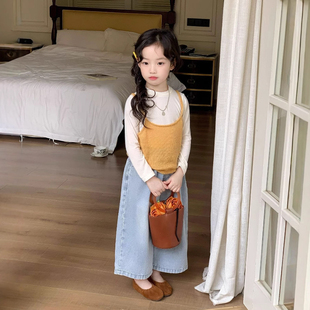 2026春季新款童装女童针织吊带儿童韩版无袖背心T恤阔腿裤三件套