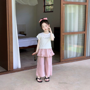 韩版女童甜美风黑点短袖T恤裙边裤两件套夏季新款洋气休闲套装潮