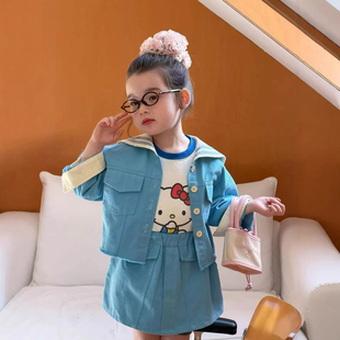 女童套装2026春季新款时髦儿童大翻领宽松百搭外套宝宝短裙两件套