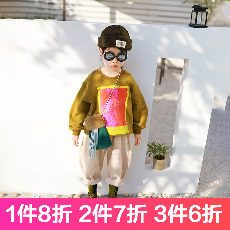 特价女童男童儿童秋冬幼儿园百搭单品好看的深姜黄色绒衫卫衣