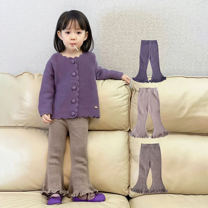 女童针织喇叭裤花边开衫