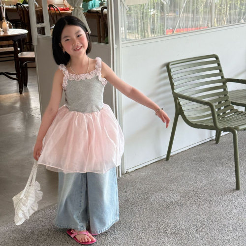 女童甜美公主风网纱蓬蓬吊带裙夏装背心牛仔裤套装韩版女宝背心裙
